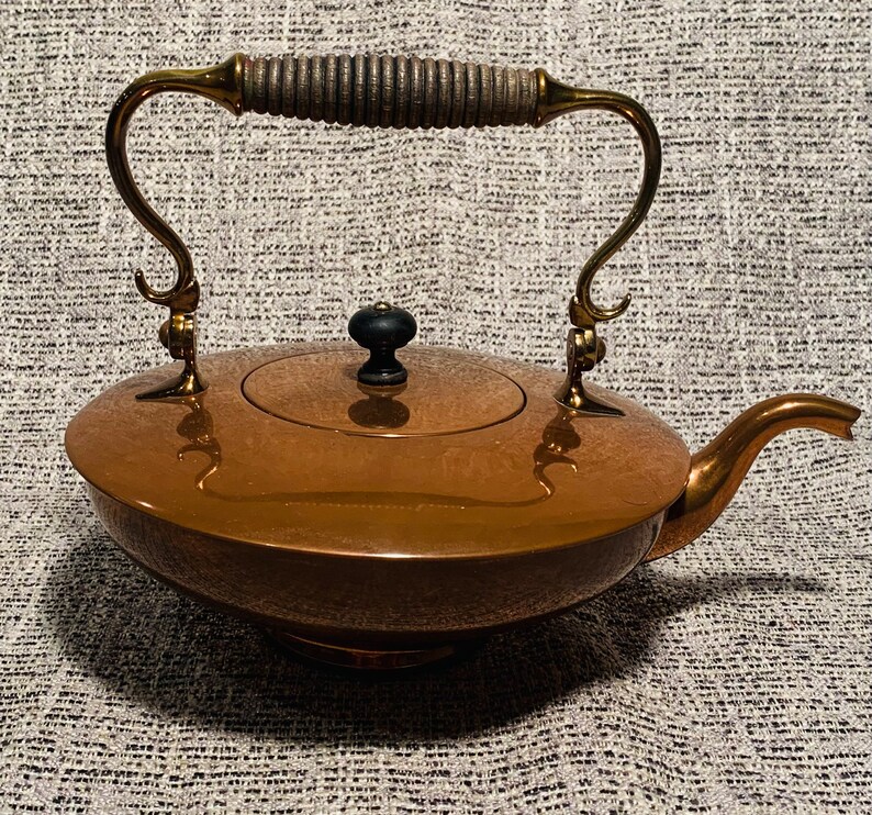 Vintage Copper Tea Kettle Wood Handle Etsy