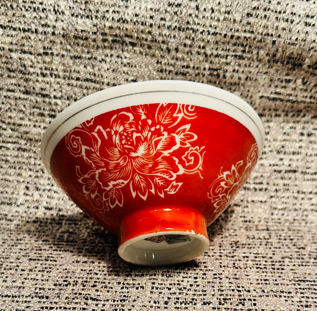 Vintage Japanese Porcelain Rice Bowl Red & Flowers Etsy