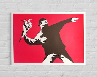 Numbered edition BANKSY Love is In The Air Signed - Embossed - Wall Art, Graffiti Art, Lithograph, Stencil Art after