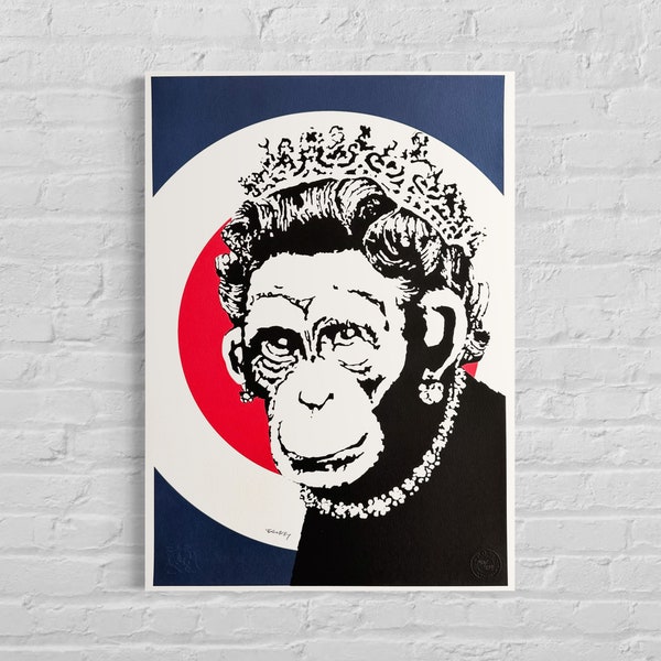 Nummerierte Auflage von BANKSY Queen Monkey, signiert – Zertifikat – Wandkunst, Grafitti-Kunst, Lithographie, Schablonenkunst