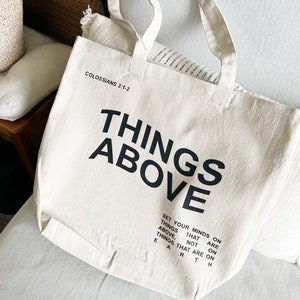 Christian Large Tote Bag | THINGS ABOVE Colossians 3:1-2 | BEIGE | Christian gift | Bible Verse Christian Canvas Tote Bag