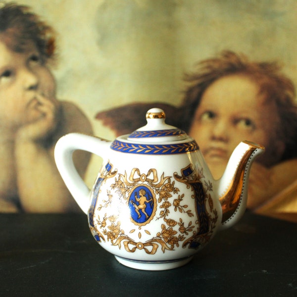 Collectable Miniature Teapot with Ribbon Swags and Cherubs. Vintage PA Art, possibly French Porcelain Collectable Teapot  c 1970s