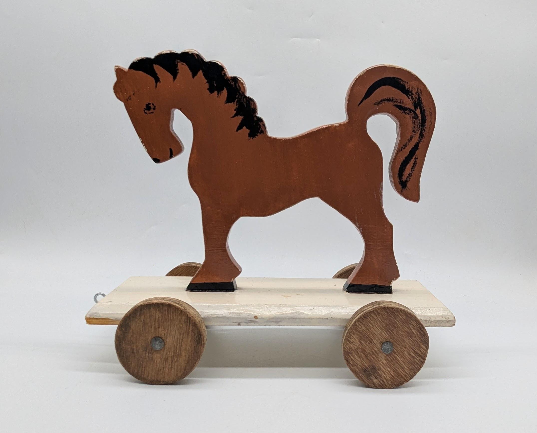 ヴィンテージ スコットランド製 車輪付き木製馬 職人による原始的な