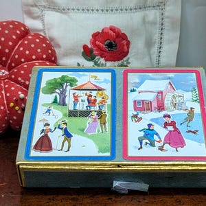 Vintage Old Tyme Fun Double Playing Cards Nostalgic Victorian Band stand Ice Skating Scenes Flocked box 52 cards in each set c 1960s