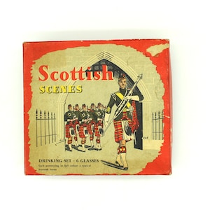 Boxed &quot;Scottish Scenes&quot; 50s/60s Mid-Century 5 Shot Glasses- One Glass Missing. Loch Lomond Edinburgh Castle ect Vintage Kitsch Retro Barware