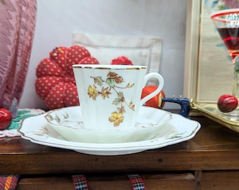 Antique Wedgwood Late Victorian Trio of Fluted Bone China Cup/Saucer/Side Plate Yellow Creeping Floral Design Made in England Marked Etruria