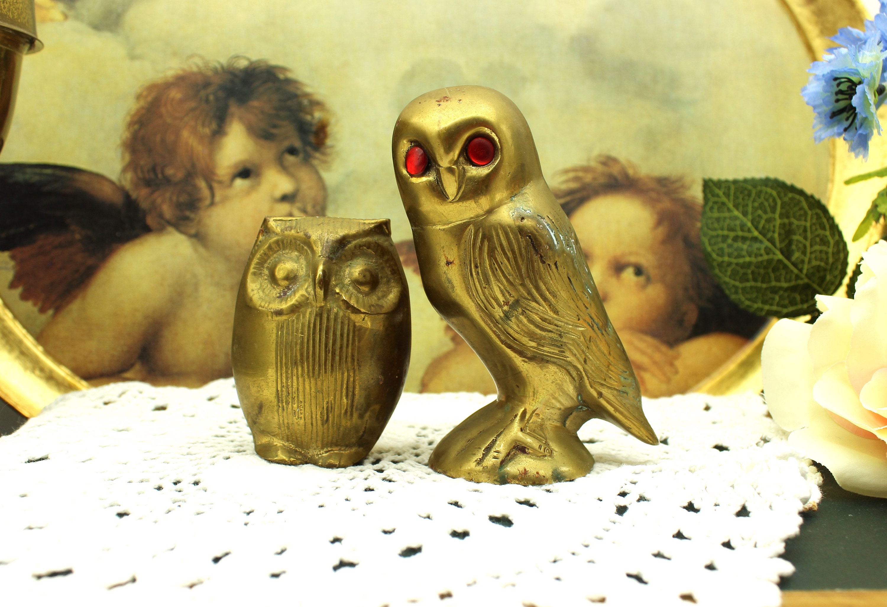 Brass Owl Pair Miid-century Kitsch Owl Figures-  Brass Metal Vintage Owl Duo. c 1950s. Kitsch Cute B