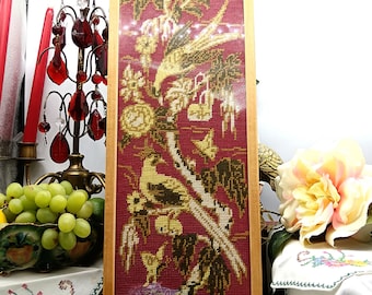 Vintage Exotic Birds & Butterflies Embroidery Needlework Tapestry Glass Front Framed  Picture MCM Tapestry Hand Stitched Mid century c 1950s