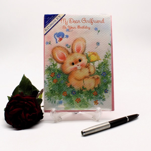 Vintage Birthday Card, "To my Girlfriend on her Birthday". Cute Kitsch, Printed in England.  Kingsley. Original Cellophane, Unused C1970-80s