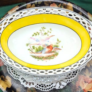 May include: A white oval serving dish with a yellow rim and a delicate openwork design. The dish features a painted floral design with two birds.