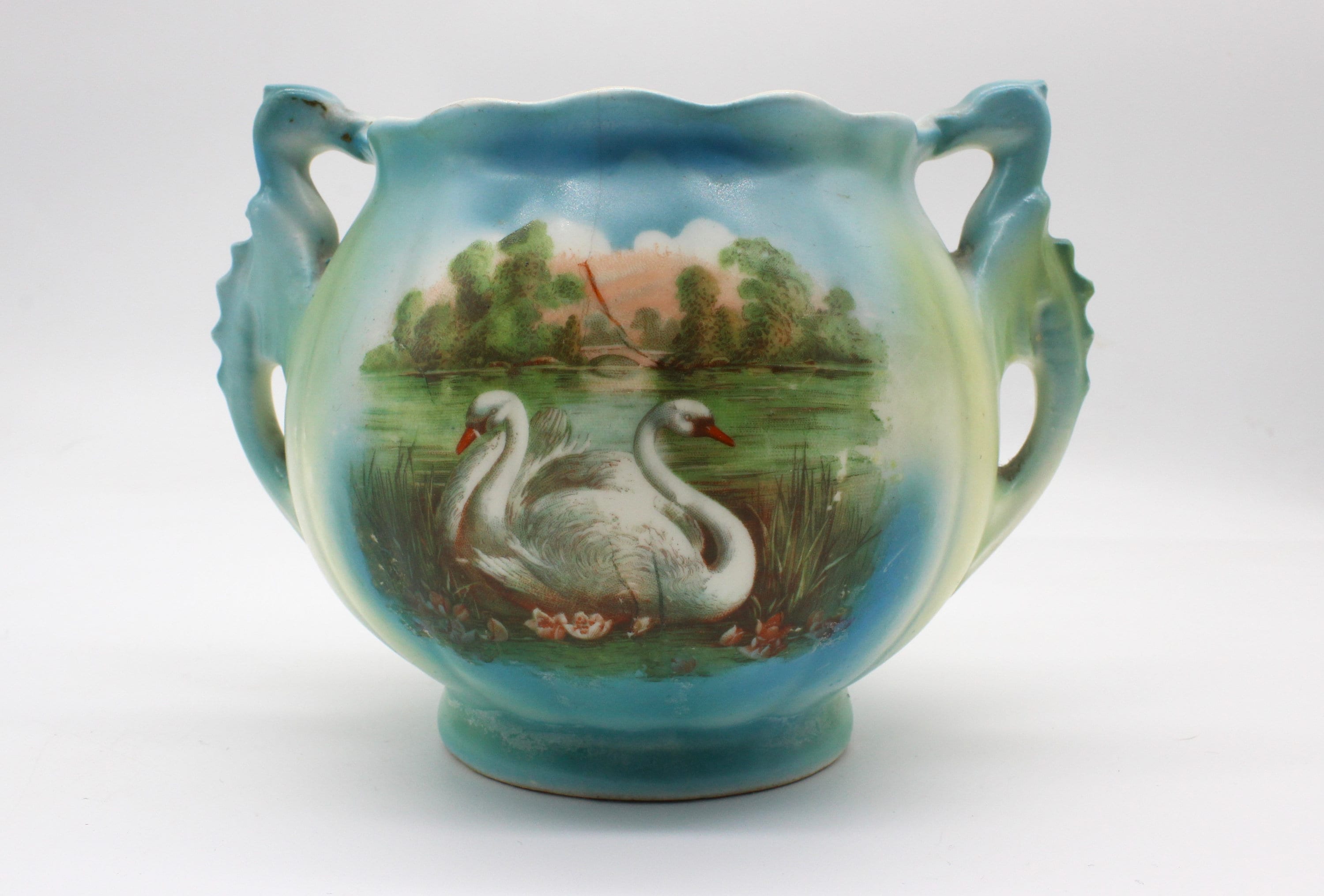 Vintage Slovakian Swan Vase with Water Dragon Handles AS IS Marked Slovakia on Base Decorative Swan Porcelain Vase, Read despn re condition