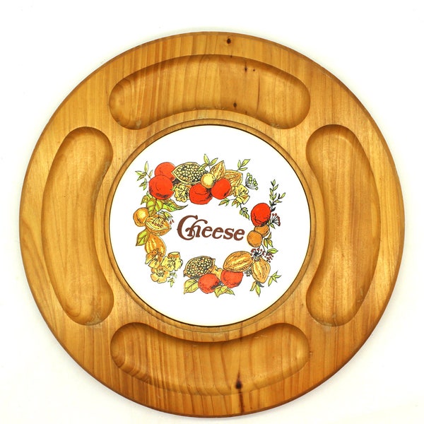 Vintage Cheese Board / Lazy Susan/ Serving Platter by Goodwood. Round Ceramic Tile & rubber feet.  c 1970s. Retro Flower Power Cheeseboard