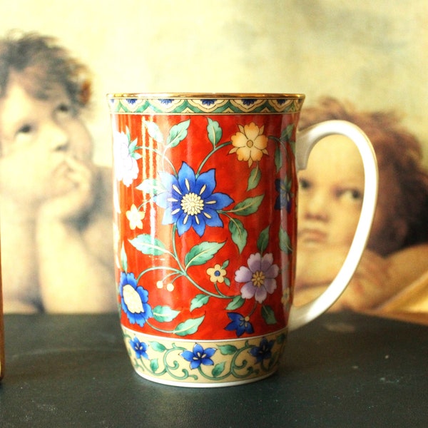 Vintage Colourful Flowers Bone China Mug.  Delicate Tall Brightly Coloured Transfer Decorated Unmarked Mug  c 1970s