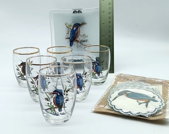 Ensemble cadeau cocktail vintage martin-pêcheur, verres à shot martin-pêcheur, plateau de bibelots en verre & sous-verres en papier VTG des années 60-70 MCM 2 verres tel quel note cond