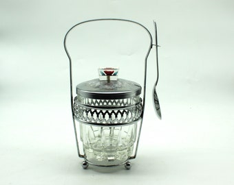 Vintage Mid Century Glas & Chrome Condiment / Marmelade Pot / Conserve Pot. Lucite Knopf 1950er Jahre, Retro, Kitsch, Kitchenalia. Löffel gemarkt Sheffield.