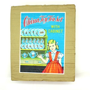 Complete Boxed Vintage Dolls Toy Tea Set with Wooden Display Cabinet, marked Foreign in Cornflower Pattern. As new condition. c 1950s