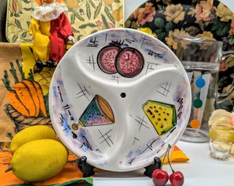 Mid Century Modern Italian Divided Serving Plate  Hand Painted Cheese, Beetroot & Ham? Made in Italy Colourful Vegetables c 1950-1960s