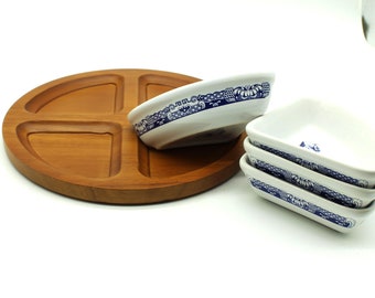 Vintage Ringtons Quarter Willow Pattern Snack Dishes and Wooden