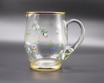 Floral 50s/60s Mid-Century Gilded Glass Vase Pitcher Jug with Floral Transfer decoration. Kitsch Retro Ditsy Mid Century Barware. AS IS