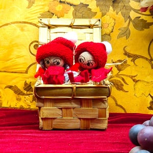 Peut inclure: Deux poupées faites à la main avec des chapeaux et des tenues en tricot rouge sont assises dans un petit panier tissé. Les poupées ont des visages peints et sont sur une surface en velours rouge. Le fond est un motif floral jaune.