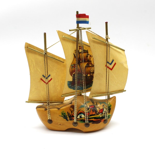 Vintage MCM Dutch Souvenir Clog Sailing Ship Mid century Modern Made in Holland Masted Sailing ship. Hand Painted Wooden Clog c1950s-60s