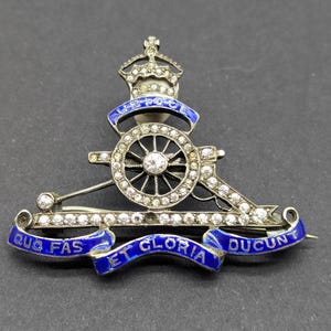 Antique Royal Artillery Sweetheart Brooch Possibly 1837- 1855 era Paste rhinestones, Stamped 55 on Reverse 2 Stones missing Enamelled Motto.