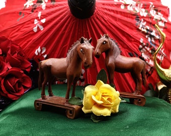 Small Mid Century Chinese Carved Wood Mu Wang Horses Set of 3