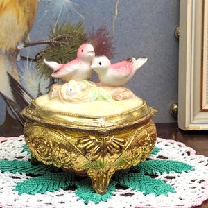 Pink Love Birds Nest Vintage Trinket Box Porcelain & Brass Ormolu Ornate Heart Shape Red velvet interior Japan C 1950-60  Kitsch Mid-Century