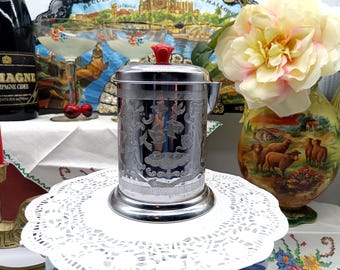 Vintage Mid century Tea Canister Red Bakelite & Chrome Blue Willow Pattern Tea Caddy 1950s, Retro, Kitsch, Kitchenalia Very Good Condition.