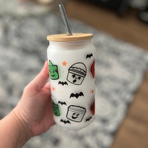 Halloween Glass Cup: Spooky Buckets Iced Coffee Cup with Lid & Straw