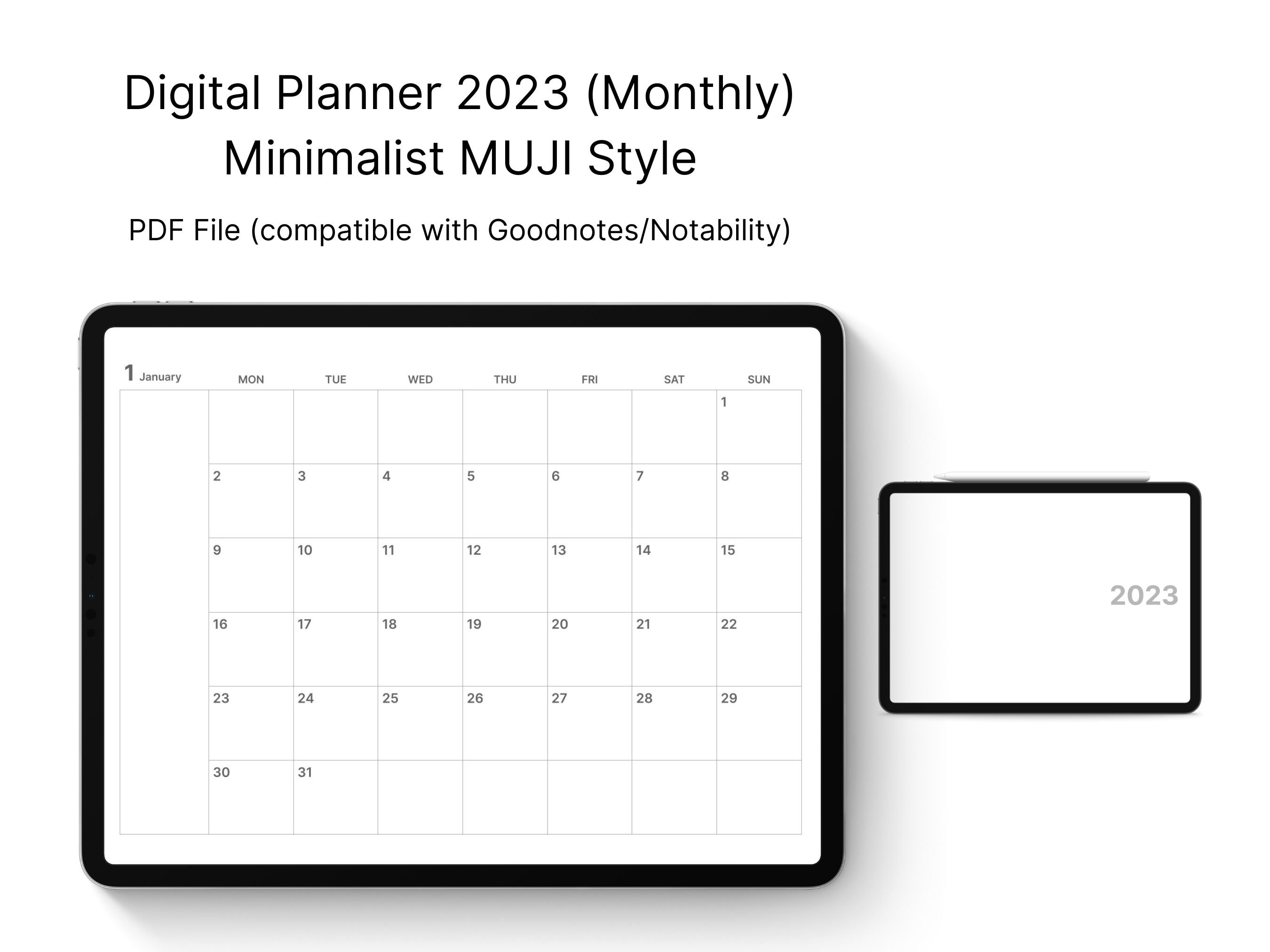 Minimalist Digital Planner 2023, Monthly, MUJI Inspired, PDF Compatible
