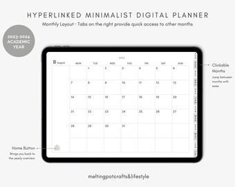 May include: A digital planner for the 2023-2024 academic year with a monthly calendar view. The calendar is displayed on a tablet screen with a grey background and black text. The calendar is for August 2023 and includes clickable tabs for navigating to other months.
