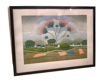 風景画、イヴァン・ラブジン、絵画版画、素朴派、ファンタジーの花、本