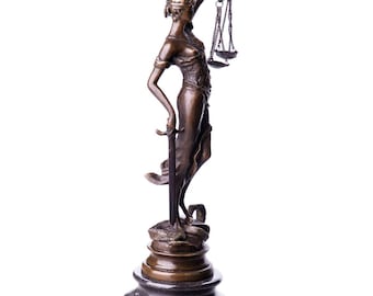 Estatua de bronce de la Dama de la Justicia (Temis) sobre base de mármol, 24 cm