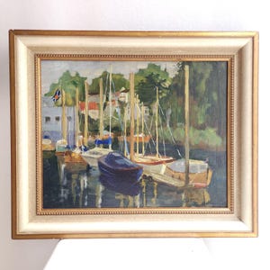 Impressionistisches Ölgemälde ca-1940er Jahre, Segelboote auf der Elbe in Hamburg