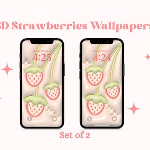 May include: Set of two digital phone wallpapers featuring a 3D design of strawberries on a pink background. The text "Sunday, October 29" and the time "4:25" are displayed on the left wallpaper, while the right wallpaper displays the text "Sunday, October 29" and the time "4:24".