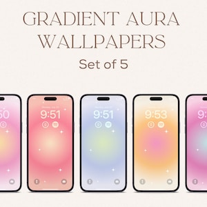 Puede incluir: Conjunto de cinco fondos de pantalla de teléfono degradados con un diseño circular borroso y colorido. Cada fondo de pantalla presenta una paleta de colores diferente, incluyendo rosa, naranja, azul y morado. Los fondos de pantalla también incluyen un reloj digital e iconos para música y notificaciones.