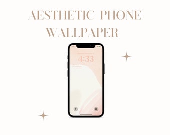Op de afbeelding: Esthetisch telefoonachtergrondontwerp. De telefoon toont een zachte roze en beige abstracte achtergrond. De tijd is 16:33 uur, maandag 6 november. De telefoon is zwart met afgeronde hoeken. De woorden "Aesthetic Phone Wallpaper" staan bovenaan.