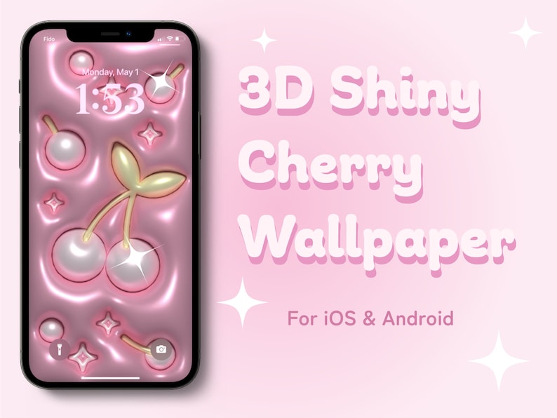 K&ouml;nnte beinhalten: Eine rosa und wei&szlig;e 3D-Kirsch-Tapete f&uuml;r iOS und Android. Die Tapete zeigt eine gl&auml;nzende, realistische Kirsche mit einem goldenen Stiel und Bl&auml;ttern. Der Hintergrund ist eine rosa Fl&uuml;ssigkeit mit wei&szlig;en Perlen und Sternen.