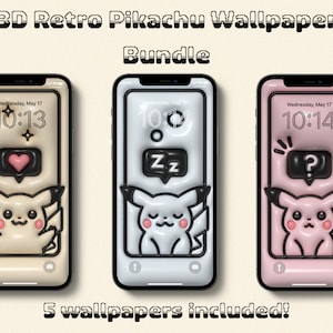 Puede incluir: Un conjunto de cinco fondos de pantalla para teléfono Pikachu retro en 3D. Los fondos de pantalla presentan un Pikachu 3D con fondos e iconos de diferentes colores. Los iconos incluyen un corazón, una Z durmiendo y un signo de interrogación.