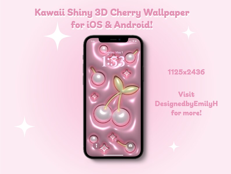K&ouml;nnte beinhalten: Ein rosa-wei&szlig;es 3D-Kirsch-Hintergrundbild f&uuml;r iOS- und Android-Handys. Das Hintergrundbild zeigt einen gl&auml;nzenden, rosa Hintergrund mit 3D-Kirschen und einer digitalen Uhr, die 1:53 anzeigt. Der Text "Montag, 1. Mai" ist ebenfalls auf dem Bildschirm zu sehen.