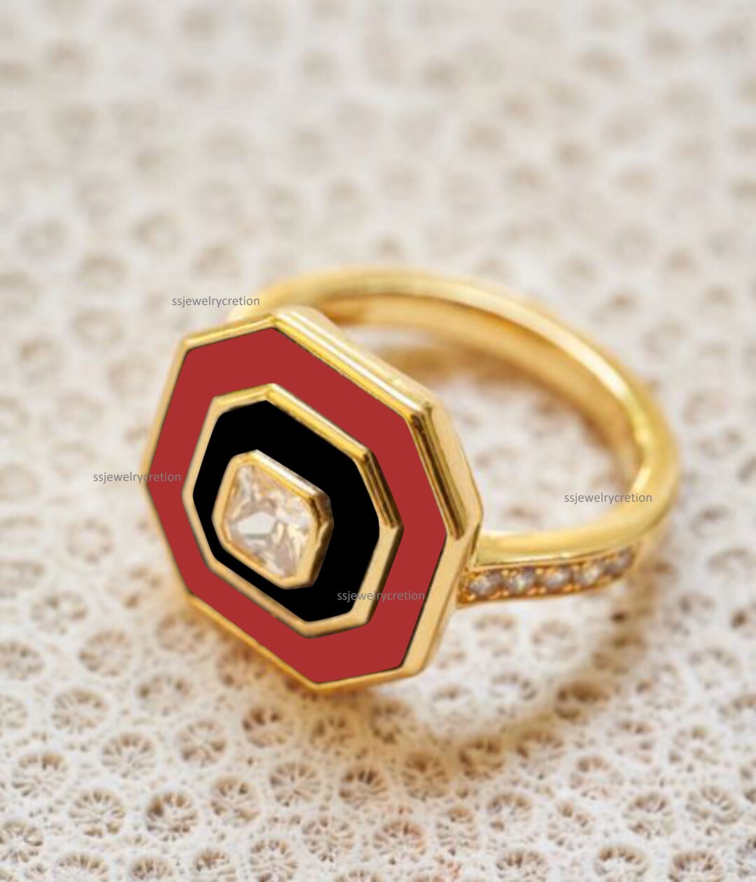 Red Color Enamel Ring With Square Diamond Stylish Wedding Etsy