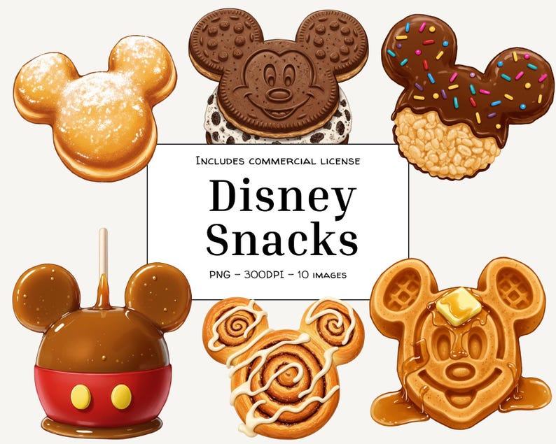 May include: A set of 10 digital images featuring Mickey Mouse-shaped snacks. The snacks include a waffle, a cinnamon roll, a caramel apple, a chocolate chip cookie, a rice krispie treat, and a donut. The images are in PNG format and are 300 DPI. Includes commercial license.