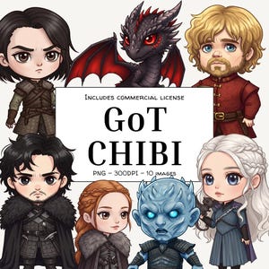 Op de afbeelding: Digitale illustratie met chibi-stijl personages uit Game of Thrones. De afbeelding bevat personages als Jon Snow, Daenerys Targaryen en Tyrion Lannister, een draak en de tekst "GoT Chibi".