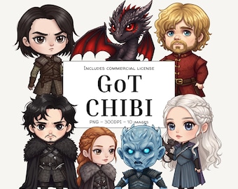 Clipart personnage fantastique Chibi - PNG semi-réalistes inspirés de Game of Thrones pour autocollants, agendas numériques et art mural