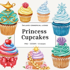 Lot de cliparts cupcake princesse | Aquarelles de petits gâteaux de conte de fées PNG | Cupcakes royaux pastel