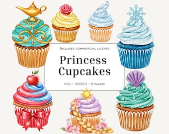 Lot de cliparts cupcake princesse | Aquarelles de petits gâteaux de conte de fées PNG | Cupcakes royaux pastel