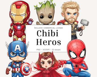Chibi Superhero Clipart Bundle – Watercolor PNGs Crafts, Digital Download for Stickers, Sublimation
