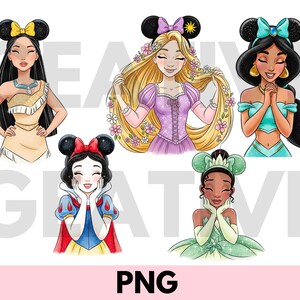 May include: Digital illustration of six Disney princesses wearing Minnie Mouse ears. The princesses include Pocahontas, Rapunzel, Jasmine, Snow White, and Tiana. Each princess is depicted with a unique hairstyle and outfit, with a pink PNG text at the bottom.