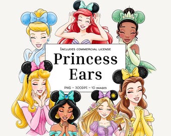 Magical Princess Clipart PNG Bundle, Mouse Ears PNG, Watercolor Sparkle Glitter Stickers, Theme Park Shirt Design, Digital Download